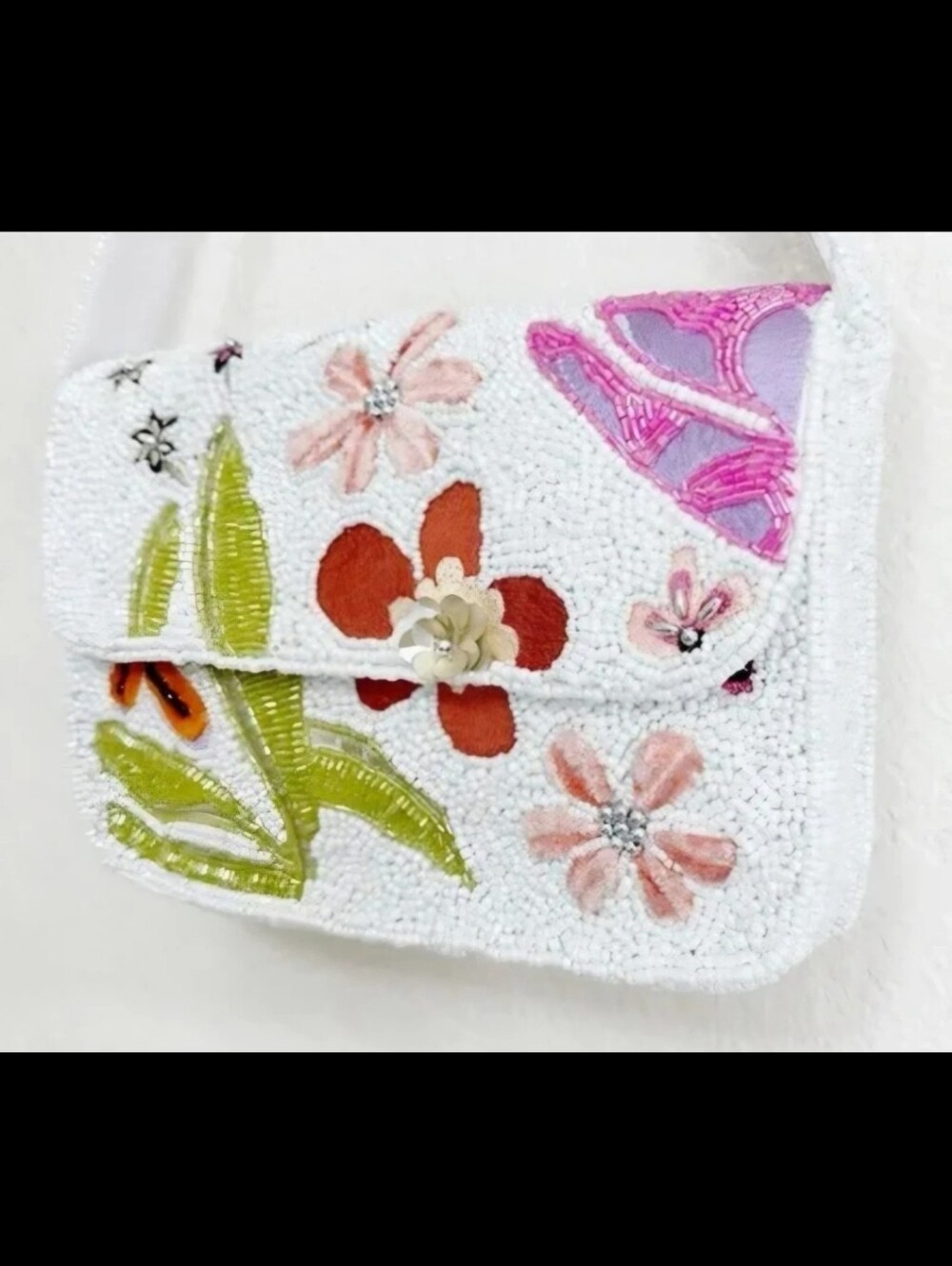 Anthropology Beaded Embroidered Handbag White Floral Shoulder Bag